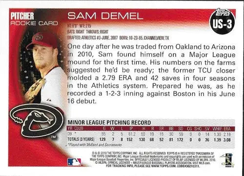 Original gloss Sam Demel rookie baseball card from 2010 Topps Update series