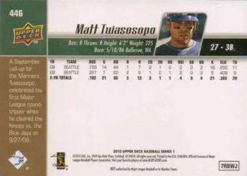 2010 Upper Deck Matt Tuiasosopo baseball card with original gloss Mariners collectible