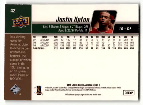 2010 Upper Deck Gold #42a Justin Upton NM Near Mint 38/99 Diamondbacks ID:64012 - Baseball Card Single