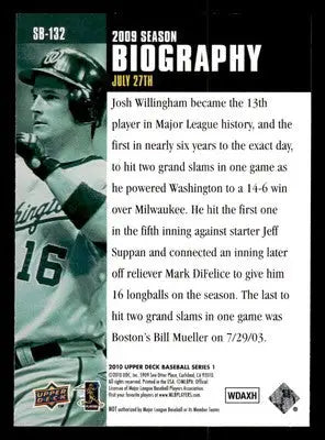 2010 Upper Deck #SB-132 Josh Willingham Season Biography - Baseball Card Single
