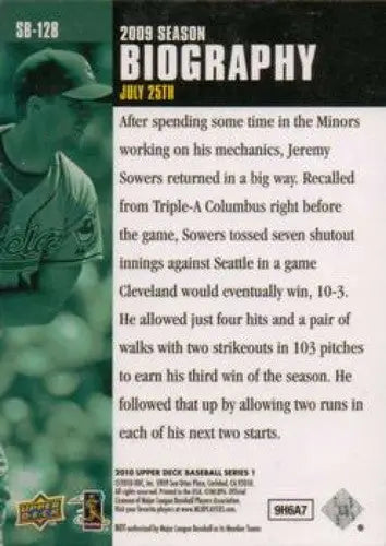 2010 Upper Deck Season Biography #SB-128 Jeremy Sowers NMMT Indians - Baseball Card Single