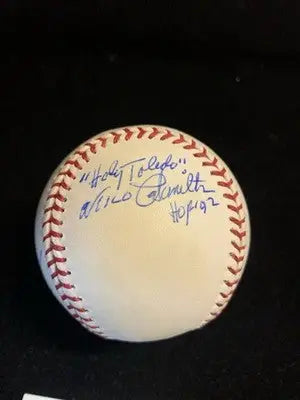 Autographed Houston Astros baseball with Holy Toledo HOF 92 inscription signed by Milo Hamilton Nelson Figueroa