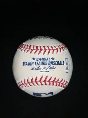 Official Major League baseball with red stitching signed by Houston Astros players Henry Sosa and Milo Hamilton