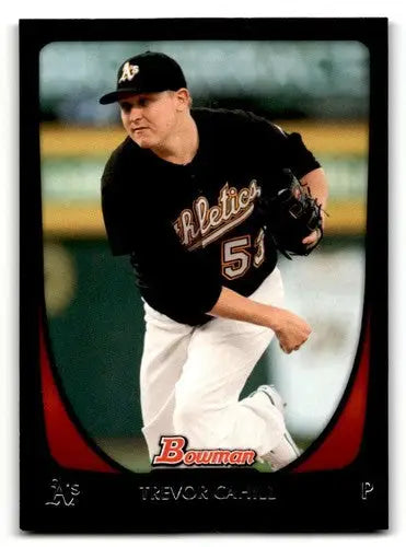 Original gloss 2011 Bowman Trevor Cahill Oakland Athletics baseball card showing Cahill Oakland Athletics player