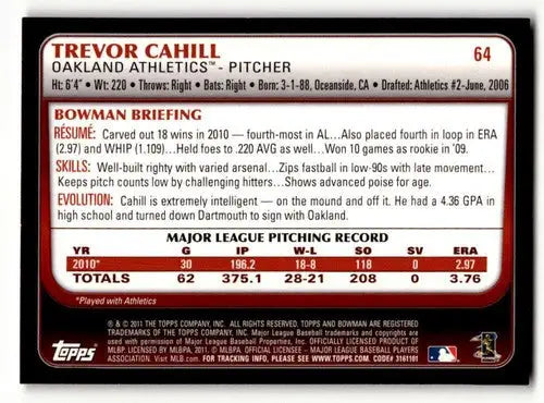 Original gloss Trever Cahill Oakland baseball card from 2011 Bowman #64 Cahill Oakland Athletics