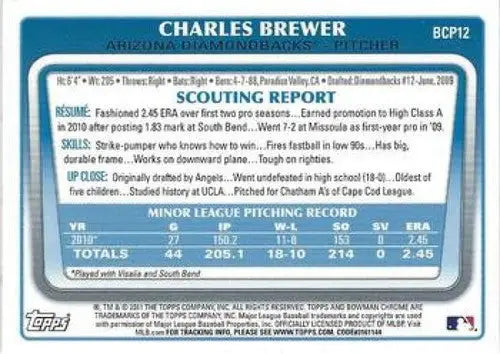 2011 Bowman Chrome Prospects #BCP12 Charles Brewer NM-MT Diamondbacks - Baseball Card Single