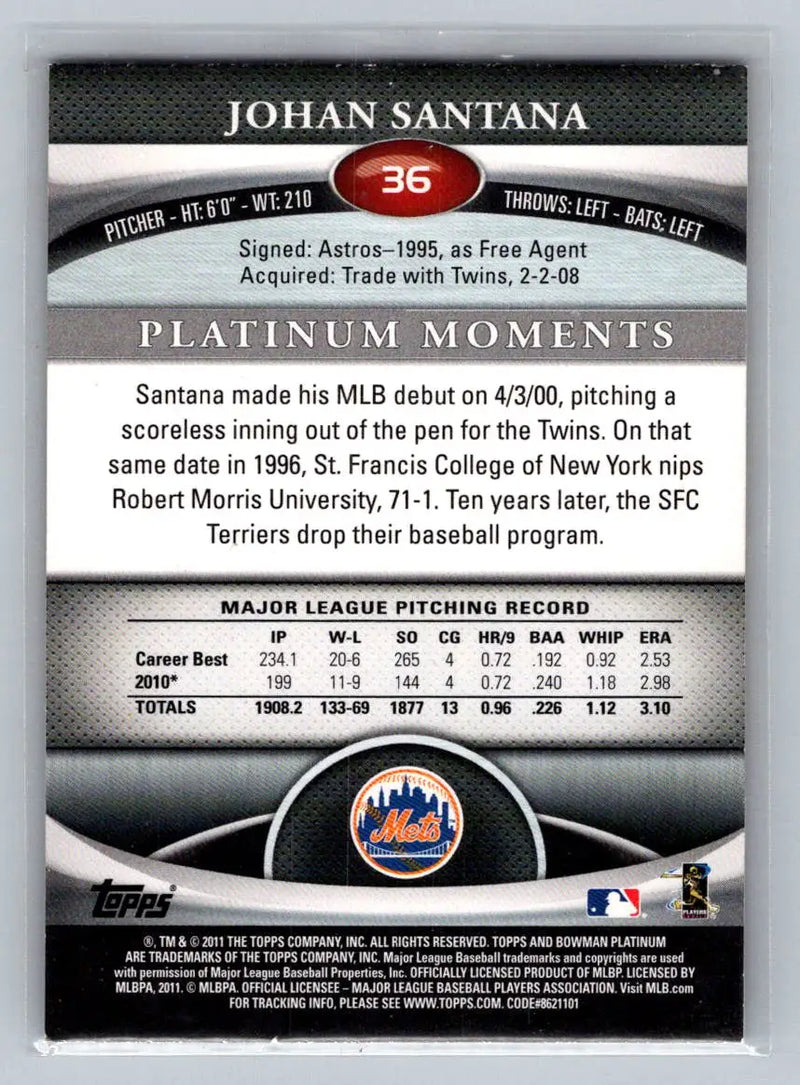 Johan Santana baseball card back from 2011 Bowman Platinum Gold New York Mets