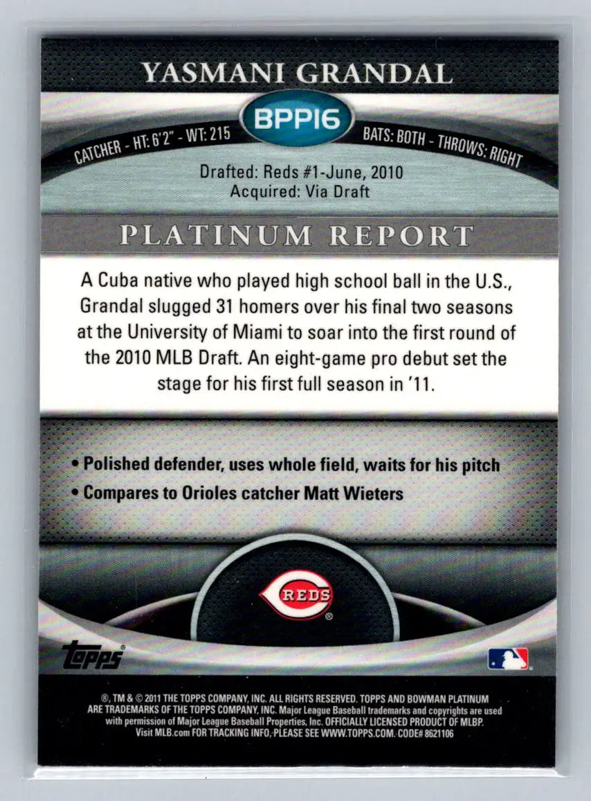 Back view of 2011 Bowman Platinum BPP16 Yasmani Grandal Purple Refractors card