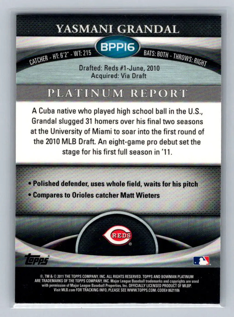 Back view of 2011 Bowman Platinum BPP16 Yasmani Grandal Purple Refractors card