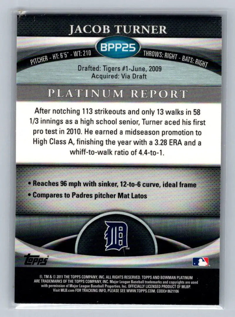 Jacob Turner baseball card 2011 Bowman Platinum BPP25 Purple Refractors Detroit Tigers