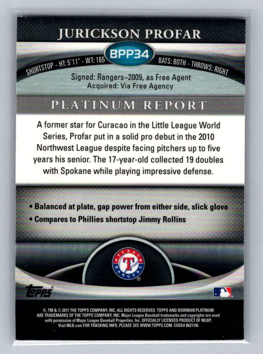 Jurickson Profar baseball card from 2011 Bowman Platinum BPP34 Purple Refractors