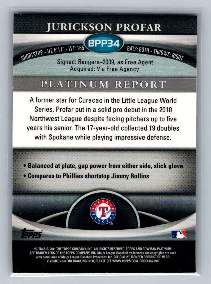 Jurickson Profar baseball card from 2011 Bowman Platinum BPP34 Purple Refractors