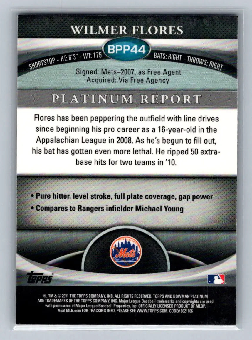 Wilmer Flores 2011 Bowman Platinum BPP44 Purple Refractors New York Mets baseball card