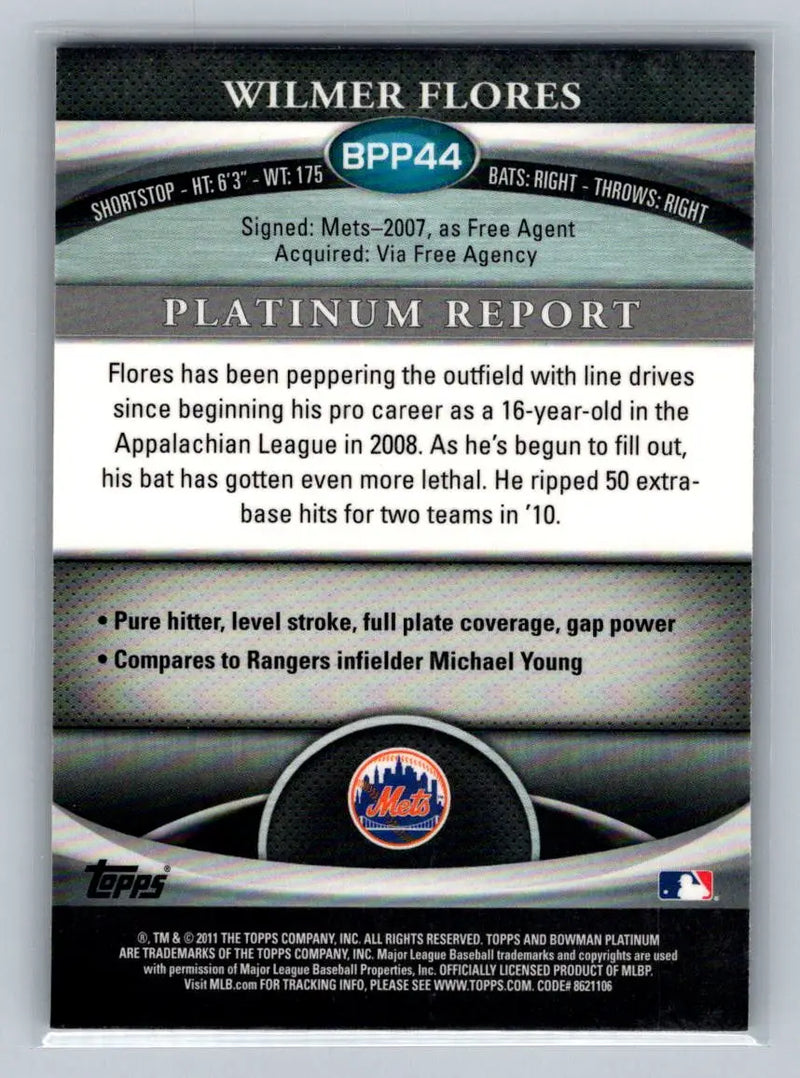 Wilmer Flores 2011 Bowman Platinum BPP44 Purple Refractors New York Mets baseball card