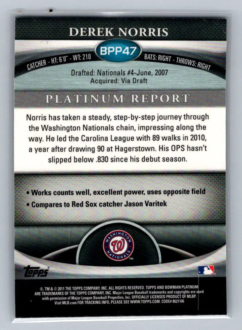 Derek Norris baseball card from 2011 Bowman Platinum BPP47 Prospects series