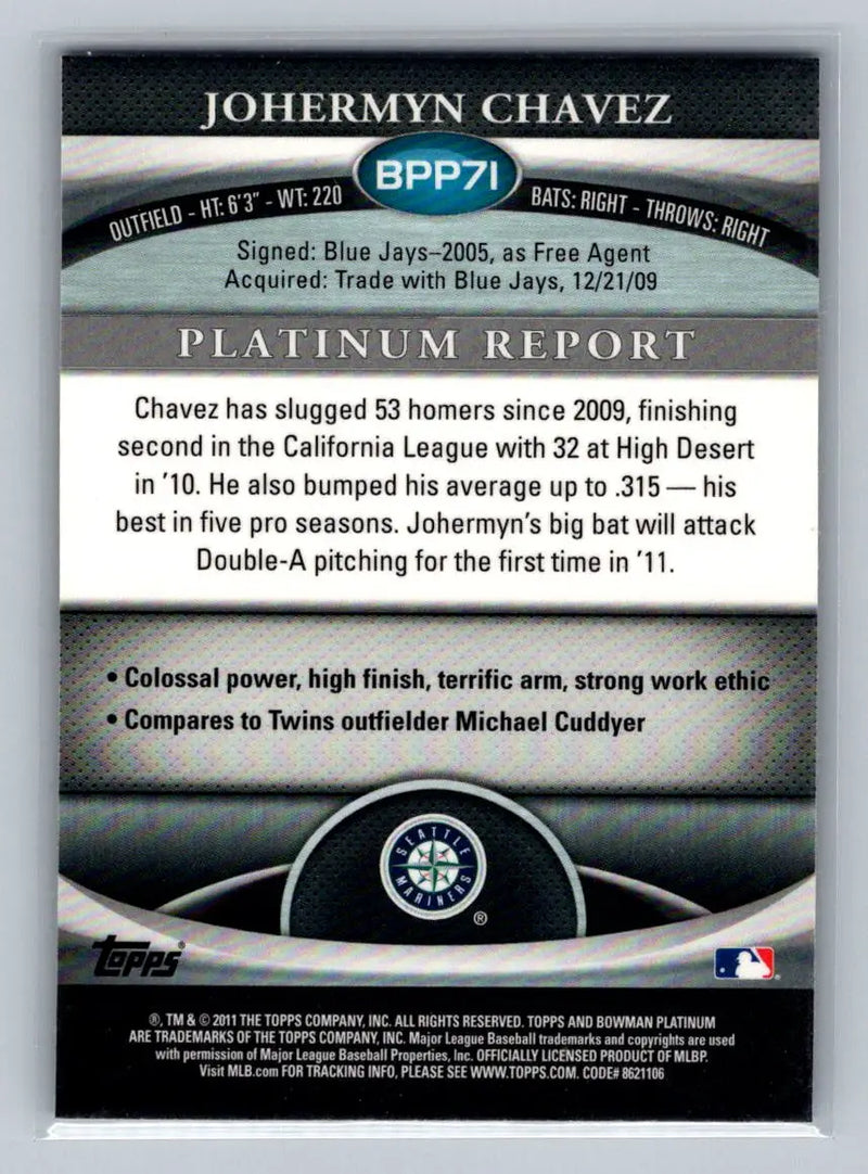 Johermyn Chavez baseball card featuring 2011 Bowman Platinum Purple Refractors BPP71
