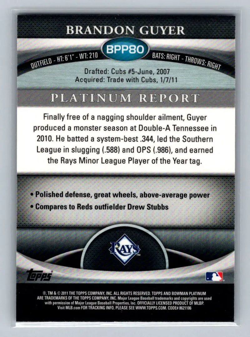 Brandon Guyer 2011 Bowman Platinum BPP80 Purple Refractors Tampa Bay Rays baseball card