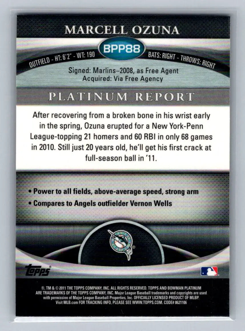 Marcell Ozuna baseball card 2011 Bowman Platinum BPP88 Purple Refractors Florida Marlins