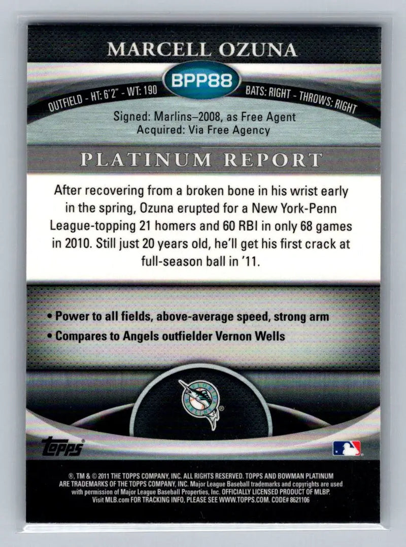 Marcell Ozuna baseball card 2011 Bowman Platinum BPP88 Purple Refractors Florida Marlins