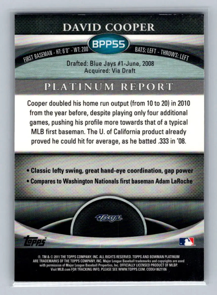 David Cooper baseball card from the 2011 Bowman Platinum BPP98 Matt Moore Purple Refractors