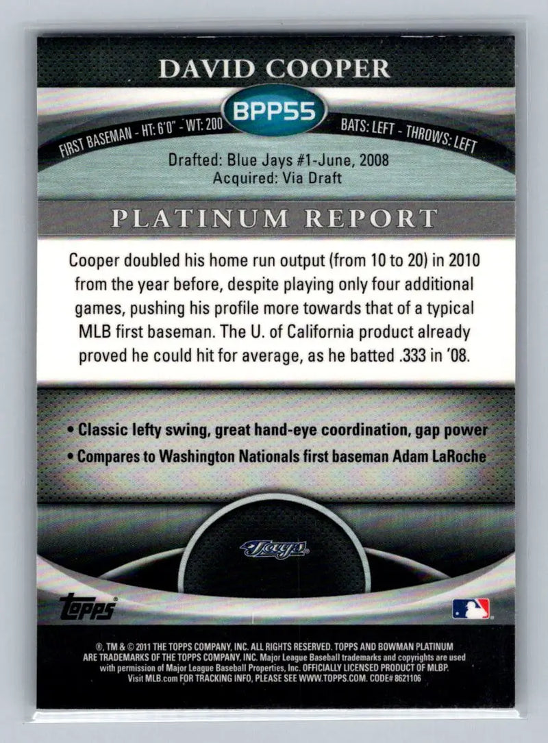 David Cooper baseball card from the 2011 Bowman Platinum BPP98 Matt Moore Purple Refractors