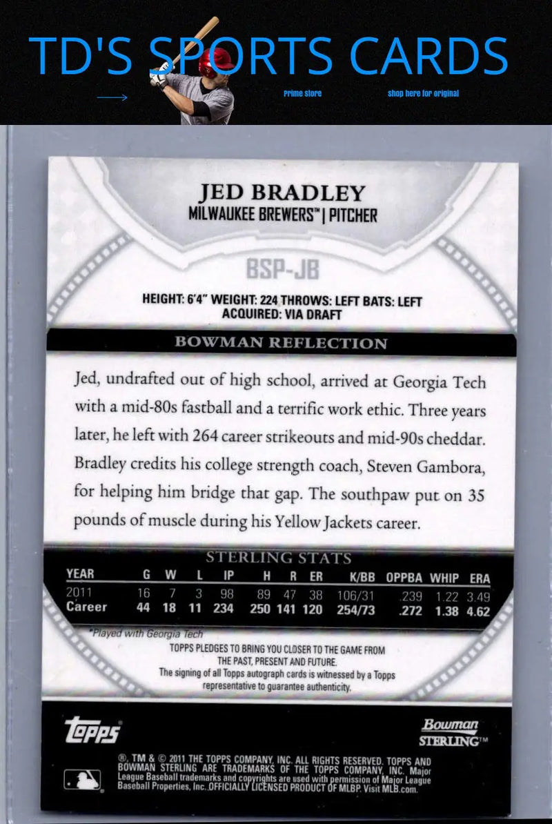 Baseball card back featuring Jed Bradley prospect autographs from 2011 Bowman Sterling