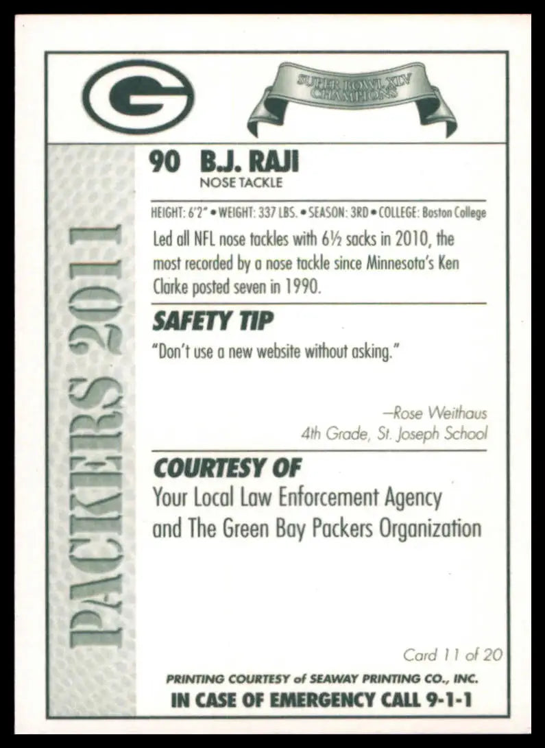 2011 Green Bay Packers Police B.J. Raji 11 Green Bay Packers LP - Football Card Single