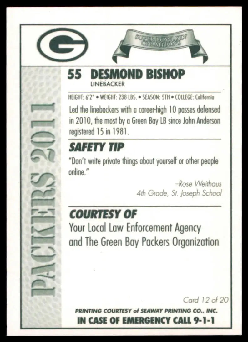 2011 Green Bay Packers Police Desmond Bishop 12 Green Bay Packers NM - Football Card Single