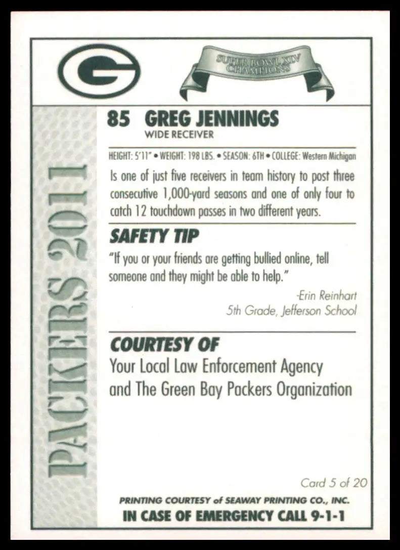 2011 Green Bay Packers Police Greg Jennings 5 Green Bay Packers NM - Football Card Single