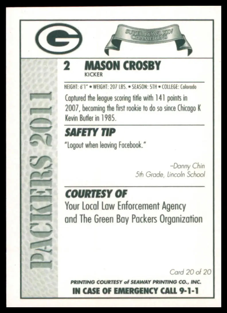 2011 Green Bay Packers Police Mason Crosby 20 Green Bay Packers NM - Football Card Single