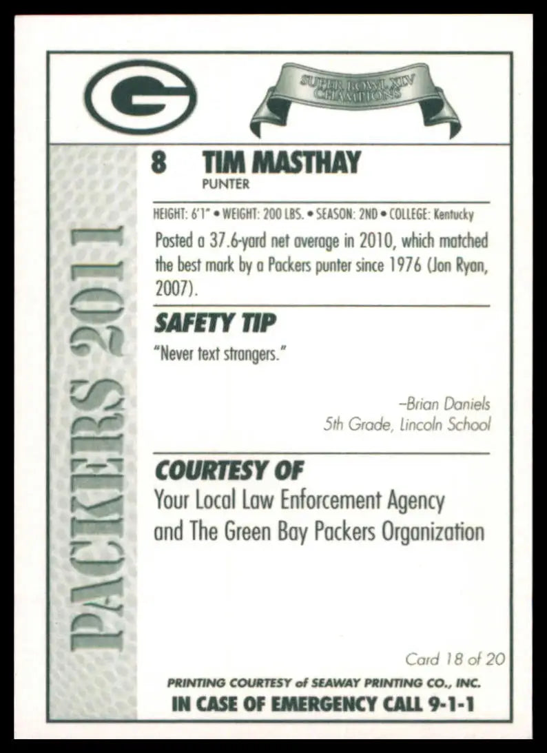 2011 Green Bay Packers Police Tim Masthay 18 Green Bay Packers NM - Football Card Single