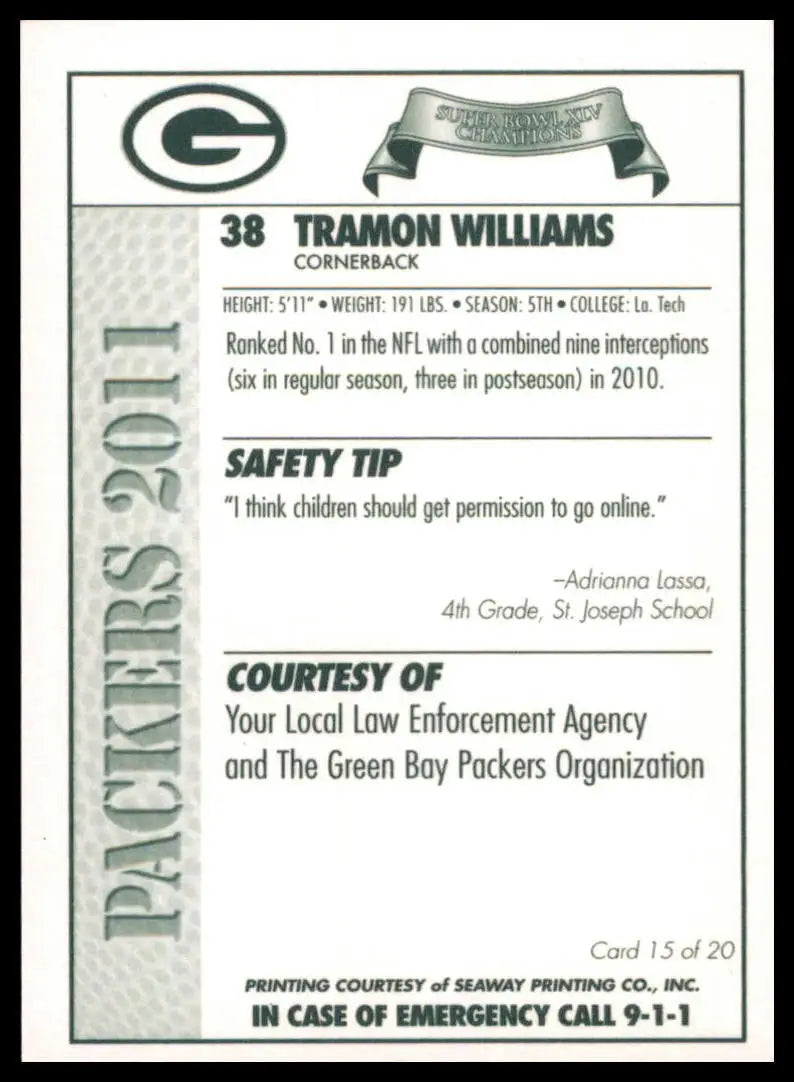 2011 Green Bay Packers Police Tramon Williams 15 Green Bay Packers NM - Football Card Single