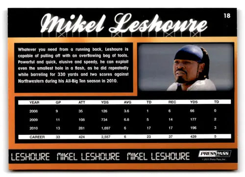 Football trading card featuring Mikel Leshoure with original gloss from 2011 Press Pass