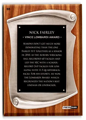 Press Pass Nick Fairley commemorative plaque with metallic scroll and black inscribed plate