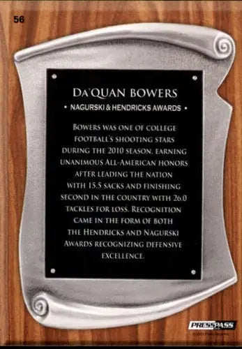 Football award plaque featuring 2011 Press Pass original gloss Da’Quan Bowers NM-MT