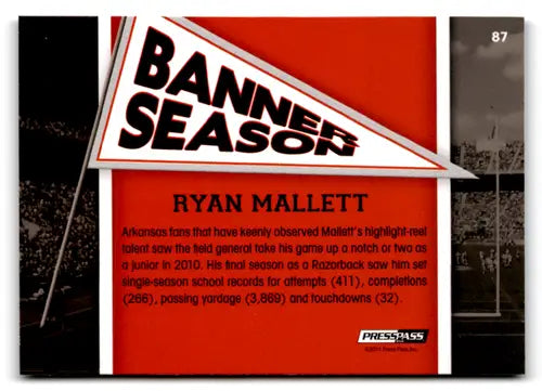 Original gloss football trading card featuring Ryan Mallett from 2011 Press Pass series