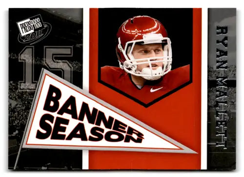 Original gloss football trading card of Ryan Mallett with Banner Season emblem from Press Pass