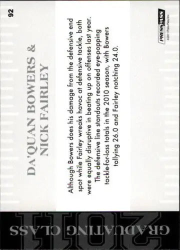Football card back featuring original gloss from 2011 Press Pass Bowers Nick Fairley NM-MT