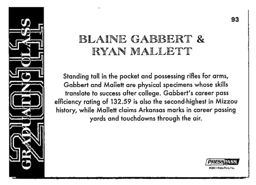 Collectible 2011 Press Pass football trading card featuring Gabbert Ryan Mallett NM-MT
