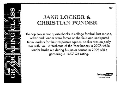 Football trading card featuring Jake Locker and Christian Ponder from Press Pass 2011