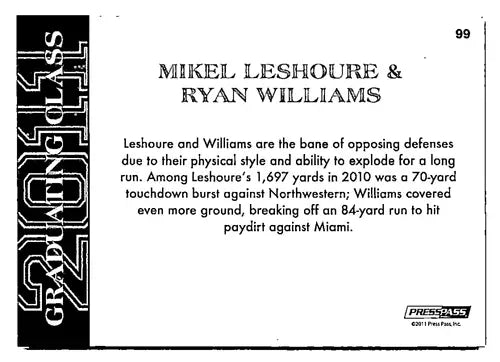 Original gloss press pass trading card of Mikel Leshoure with black and white graphic