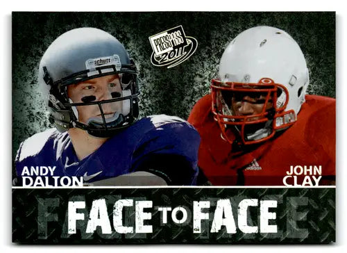 Football trading card featuring Press Pass Face to Face FF15 Andy Dalton and John Clay