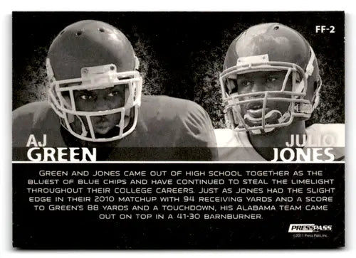 Black and white football trading card featuring A. J. Green and Julio Jones from Press Pass Face