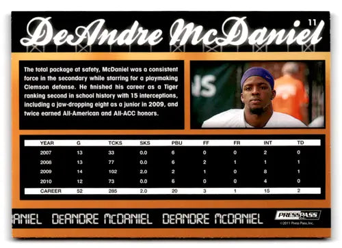 Football trading card featuring DeAndre McDaniel stats in 2011 Press Pass Reflectors Blue