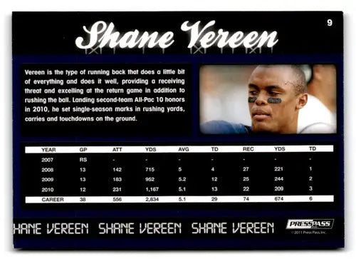 Shane Vereen football card with career stats from 2011 Press Pass Reflectors Blue series