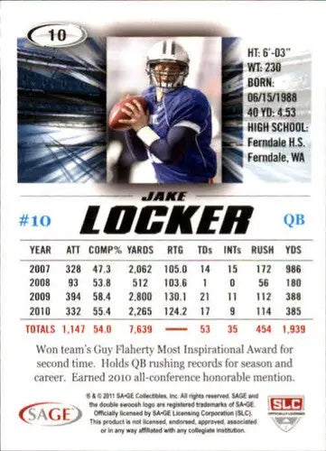 Back of a 2011 SAGE Hit Jake Locker football card with player stats and original gloss