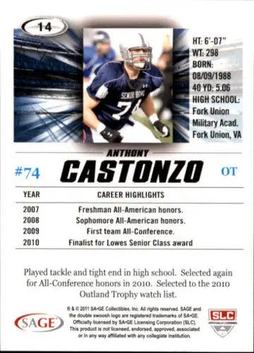 2011 SAGE Hit Anthony Castonzo football card with original gloss collectible image
