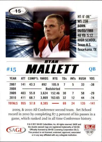 Original gloss football trading card of Ryan Mallett from Sage Hit 2011 series