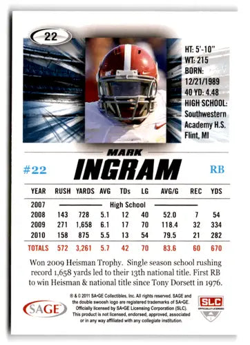2011 SAGE Hit #22 Mark Ingram NM-MT ID:73687 - Football Card Single
