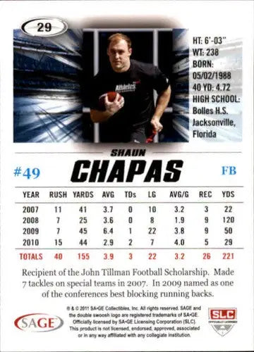 Original gloss Shaun Chapas football card from 2011 SAGE Hit series